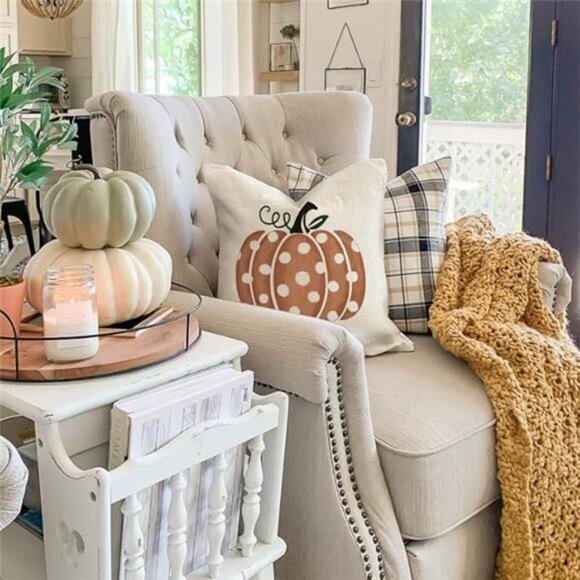 Fall Polka Dots Pumpkin‎ Pillow Covers - 18x18 Inch Decorative Throw Covers - Picture 3 of 6